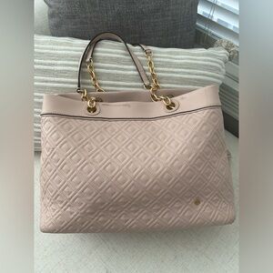 Tory Burch Fleming shell pink Napa leather quilted chain tote
